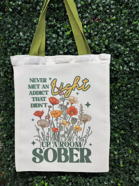 Light up a Room Sober tote bag