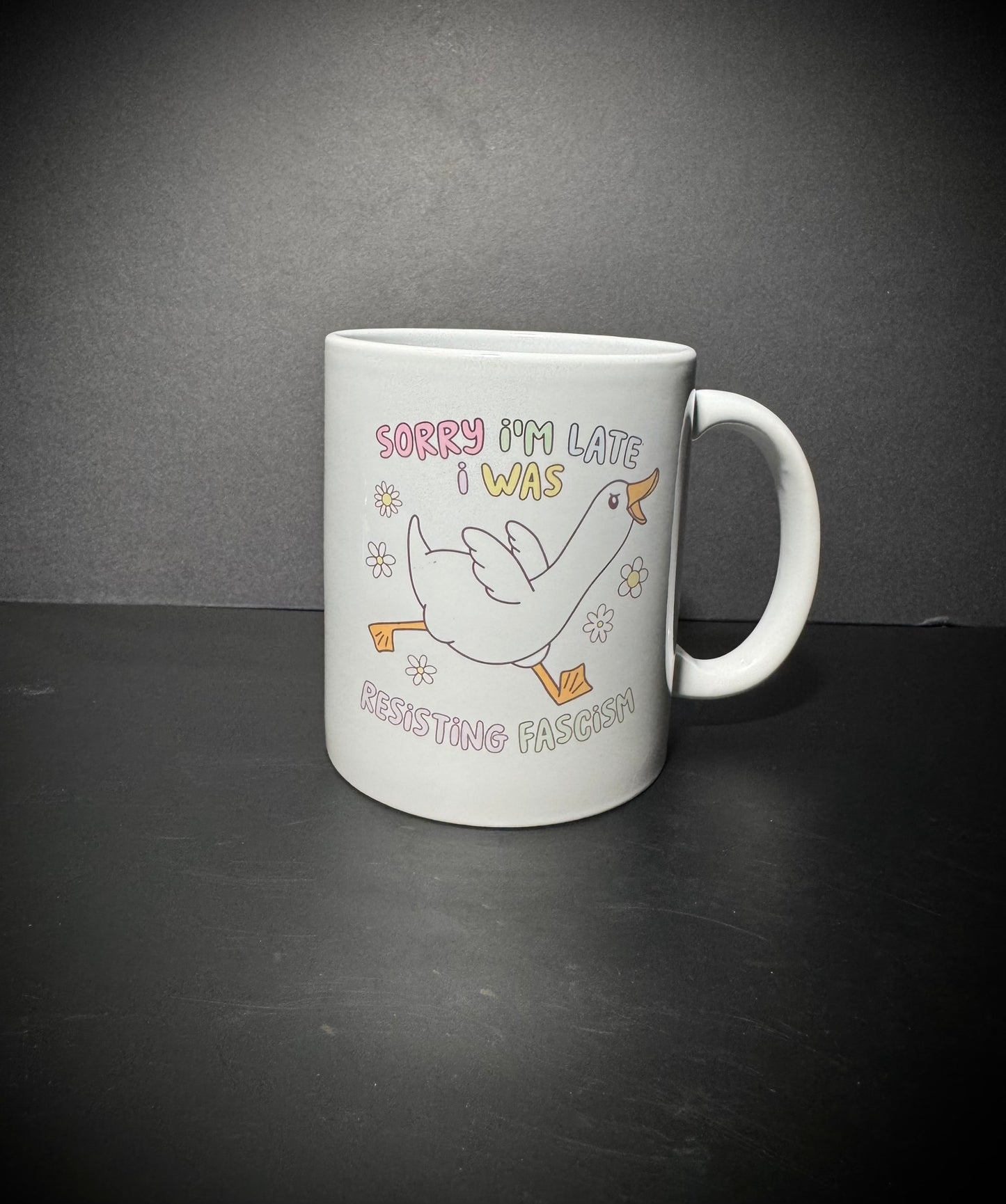 Sorry I’m late, I was resisting fascism! (ceramic mug)