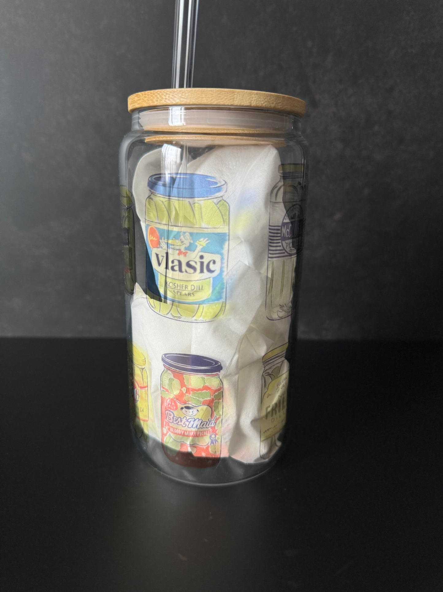 your fave pickle cup (clear glass)