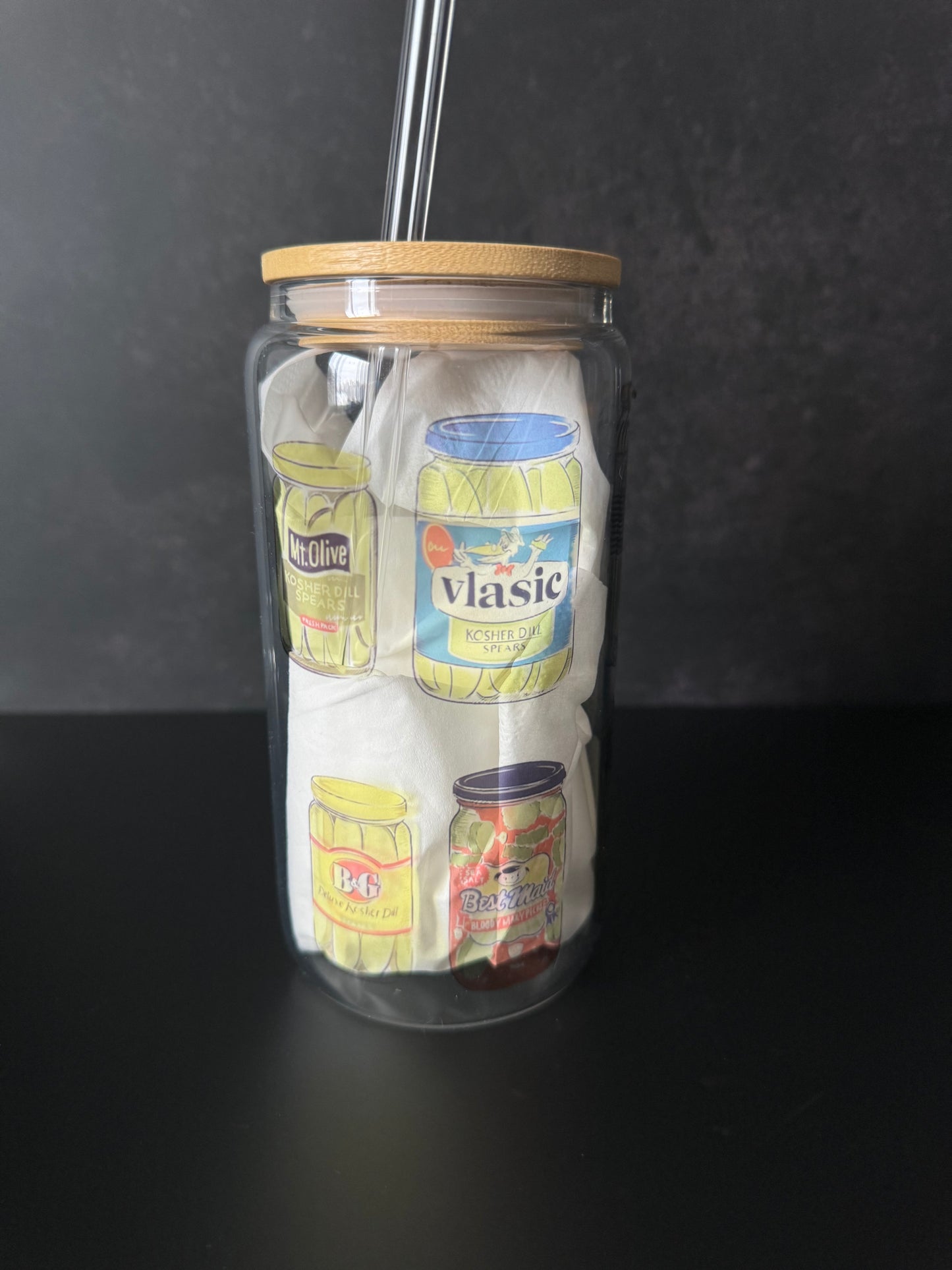 your fave pickle cup (clear glass)